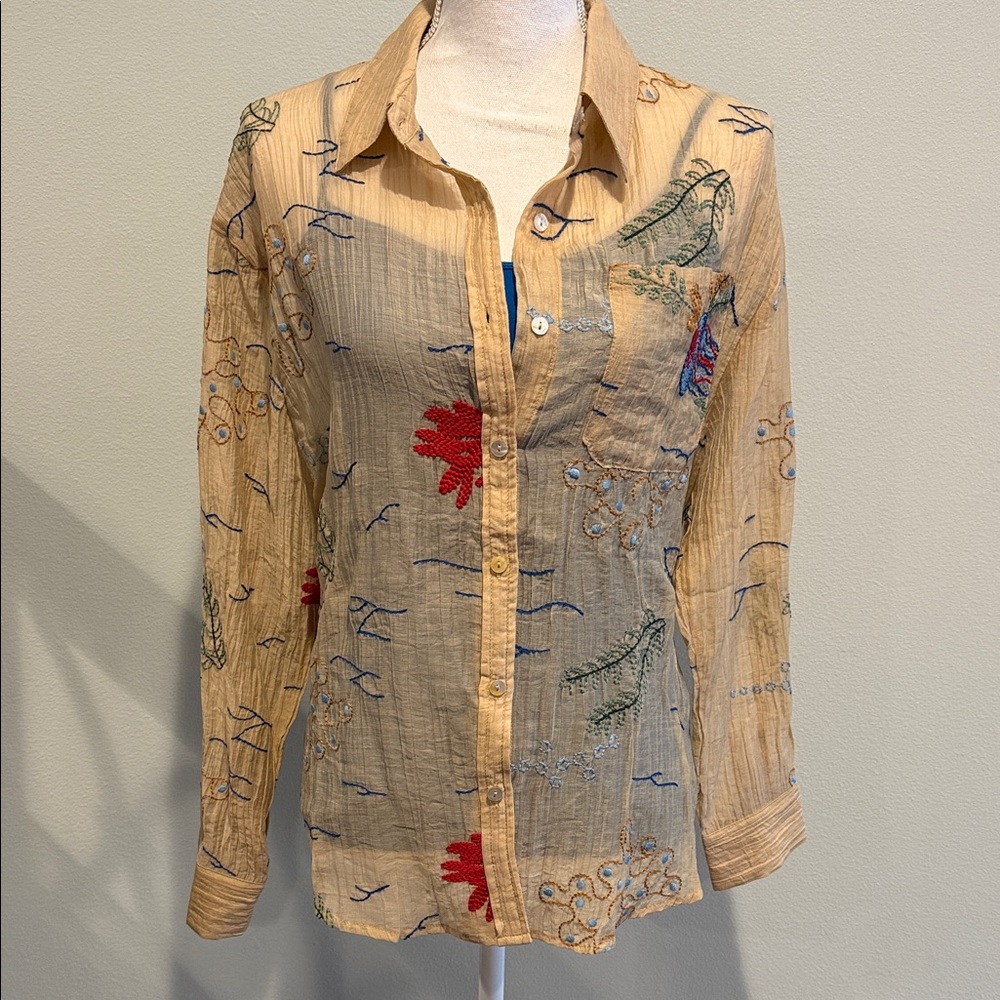 Embroidered  NWTS Beige Button-Up Women's Top . Pit to pit 23